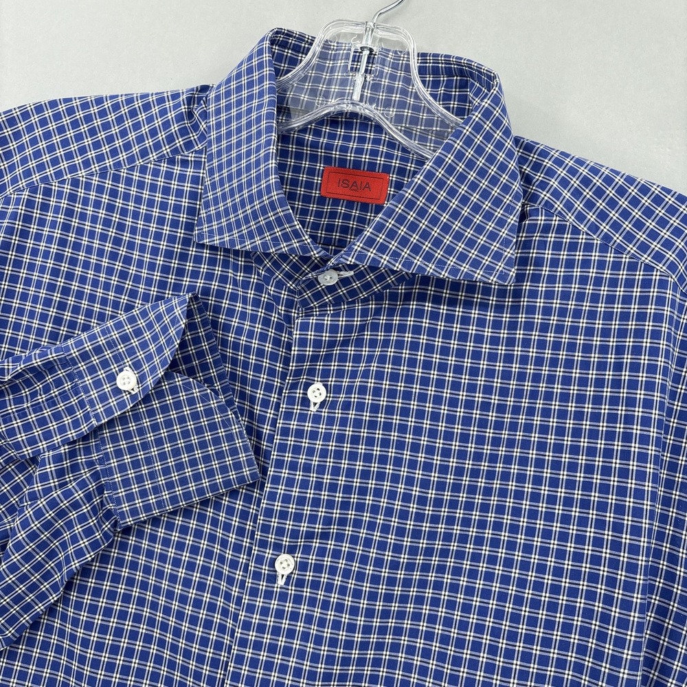 Isaia Shirt Men 17.5 XL Blue Check Classic Long Sleeve Dress Italy Cotton Spread